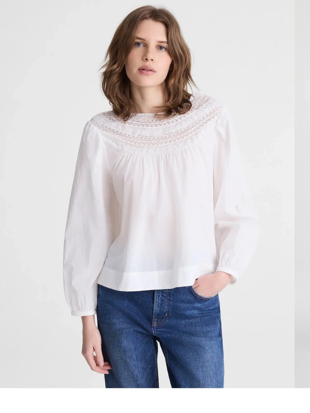 NWT Madewell Lace Inset Blouse Peasant Sleeves 100% Cotton Size Small